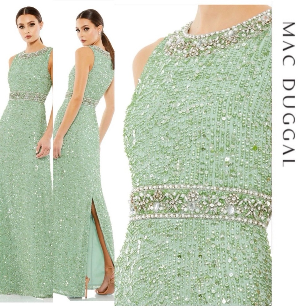 Mac Duggal Mint Green Sequined Sleeveless Embellished Neckline Gown Size 10 NWT